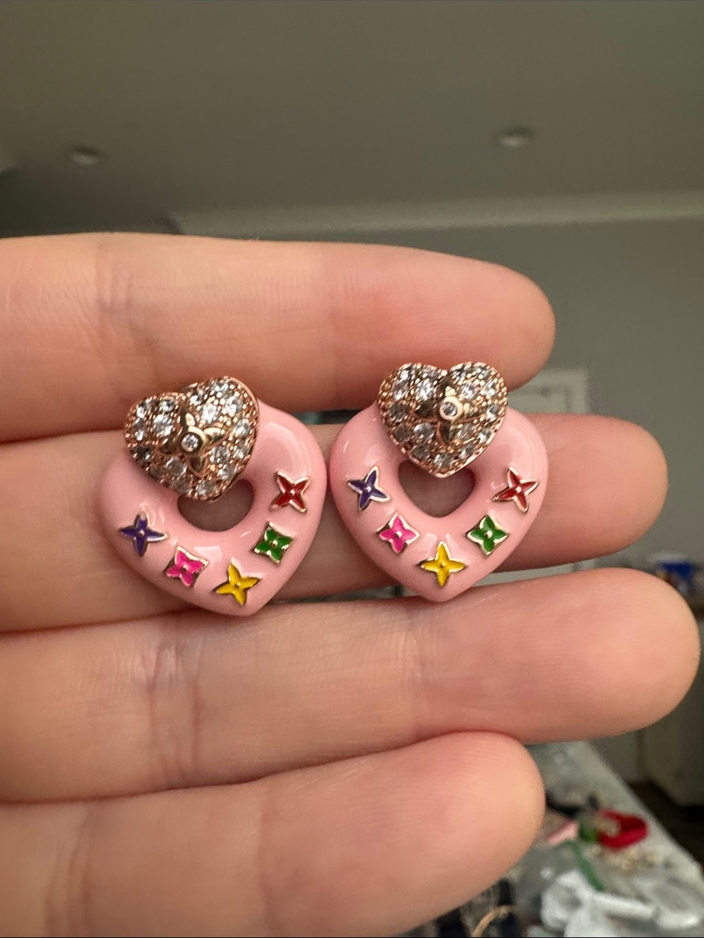 LV Style Pink Enamel Multicolor Heart Stud Earrings Rose Gold